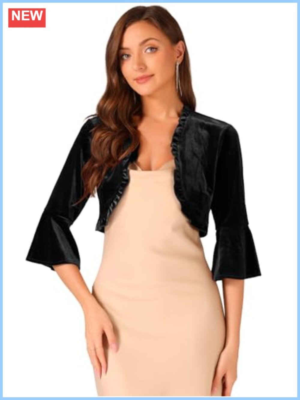 Velvet Ruffled Cropped Open Front Cardigan 3/4 Sleeve Shrug
